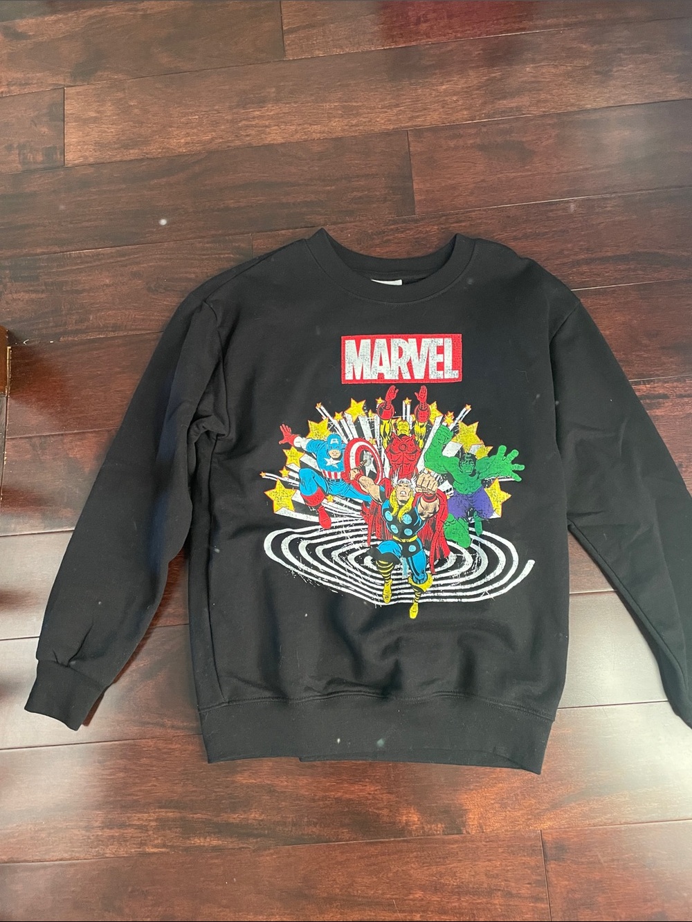 Marvel Black Crewneck with Colorful Superhero Graphic